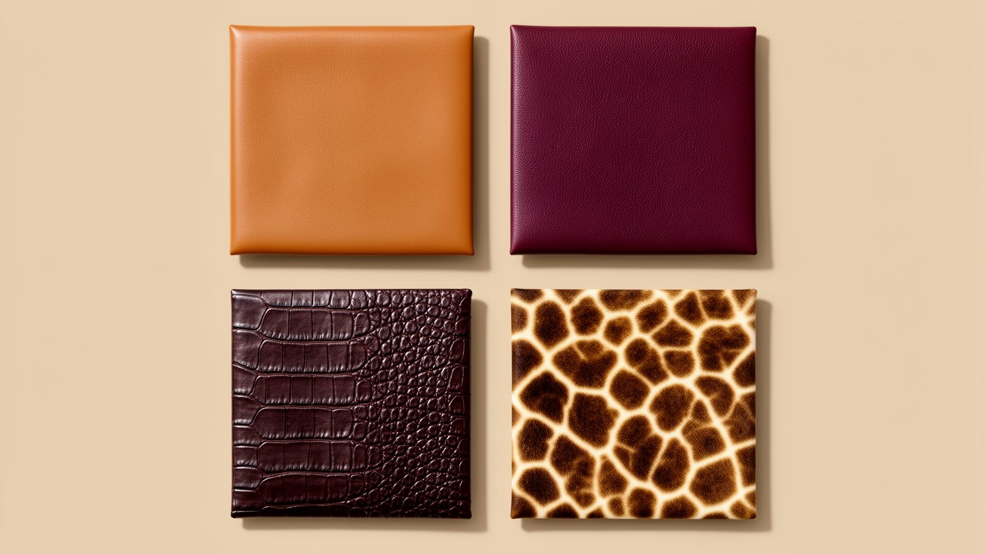 Cow, camel, crocodile and giraffe leather samples